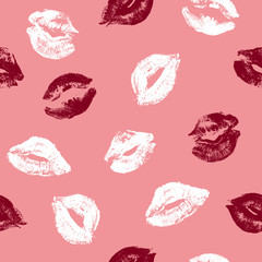 Lips print minimalist seamless pattern. Valentine day. Pink cosmetic background. Vector illustration