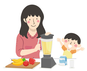 Kid Boy Mom Fruit Smoothie Illustration