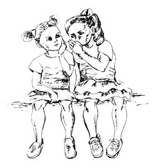 Two little girls talking to each other. Hand drawn black sketch, wector illustration, isolated on white.