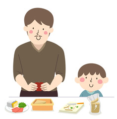 Kid Boy Dad Man Make Lunch Illustration