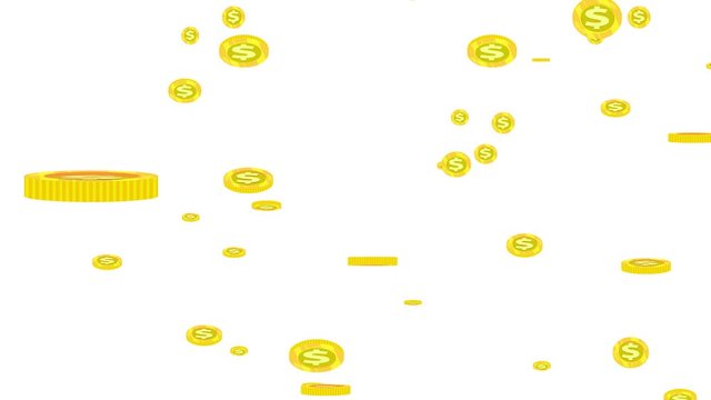 Cartoon animation of dollar coins falling down and turning round. Much money with alpha channel. Seamless loop. Good for business materials, etc...