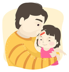 Kid Girl Dad Man Apply Bandage Kiss Illustration