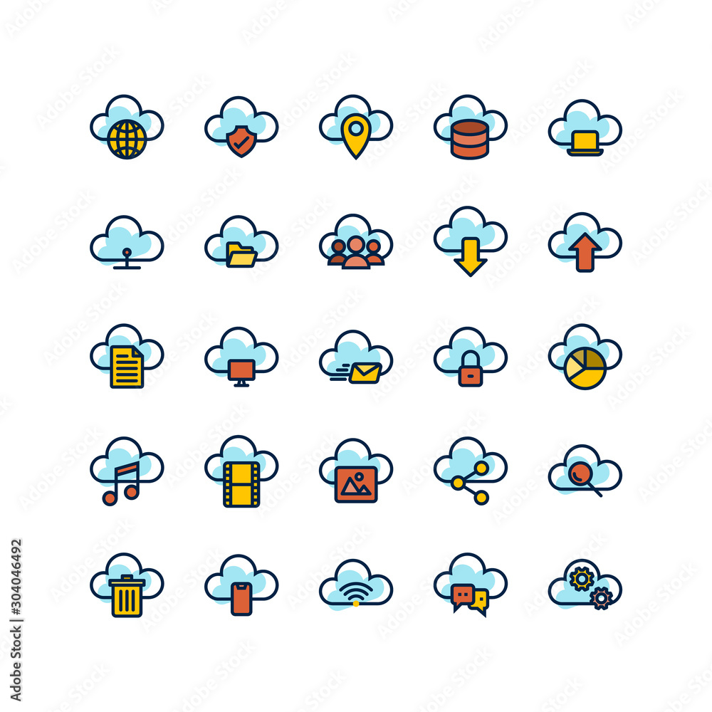Poster cloud computing filled outline icon set. vector and illustration.