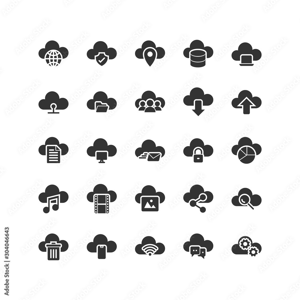 Poster cloud computing solid icon set. vector and illustration.