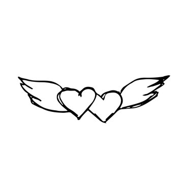 Hearts with wings. Hand drawing sketch for Valentine's Day. Black outline can be printed on textile, wallpaper, wrapping paper, greeting cards, used in logo, banner, landing page. Vector Illustration
