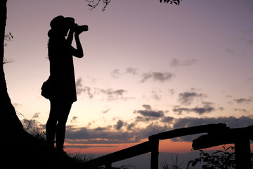 woman take photo. traveler tourist travel on holiday vacation. journey trip concept