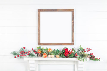 Mock up square rough wooden frame on white wall with bright autumn leaves for your design