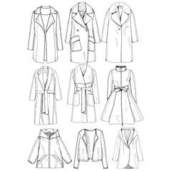 vector, white background, women coat, set of sketches