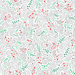 Colorful Folk Doodle Christmas Foliage, Red Holly Berries, White Background Vector Seamless Pattern. Winter Holiday