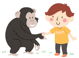 Kid Boy Chimpanzee Hand Greet Illustration