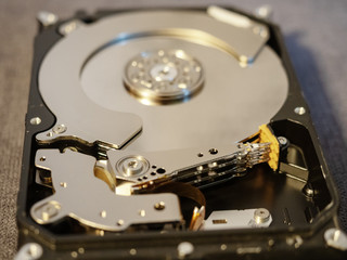 Open hard drive for repair close frame on gray background