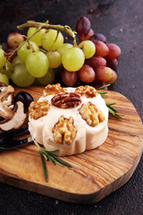 Camembert cheese and rosemary spice on rustic background