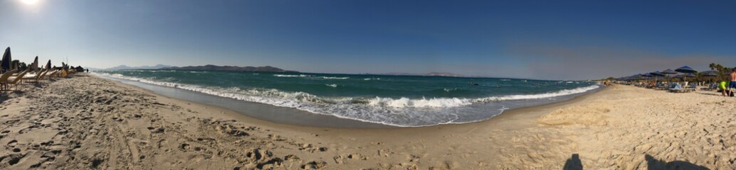 Fototapeta na wymiar Panorama, plaża, Kos, Grecja, morze, fale, piasek, góry