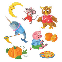 Set of cute images. Cartoon animals isolated on white background. Coloring book. Coloring page © Hasmik