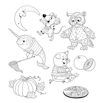 Set of cute images. Cartoon animals isolated on white background. Coloring book. Coloring page