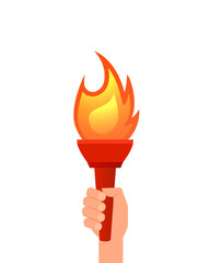 Hand holding flaming torch. Clipart image isolated on white background