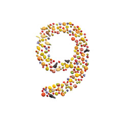 Vegetarian ABC. Fruits on white background forming number 9