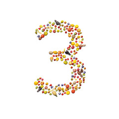 Vegetarian ABC. Fruits on white background forming number 3