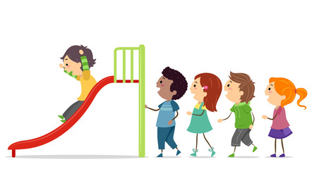 Stickman Kids Take Turns Slide Illustration