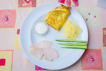 on a plate pancakes stuffing ingredients