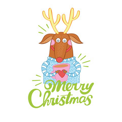 Obraz na płótnie Canvas Merry Christmas. Lettering. Christmas deer. Cocoa. Isolated vector object on a white background.