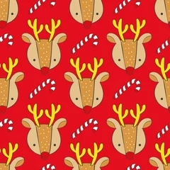 Meubelstickers Christmas deer. Cute animals. Striped candy - lollipop. Cartoon print. Seamless vector pattern (background). © ewanew2110stock