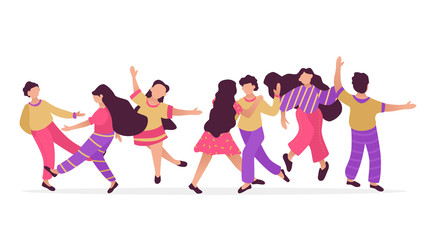 Male and female dancing characters. Set of flat happy people. Funny friends and couple dance and jump.