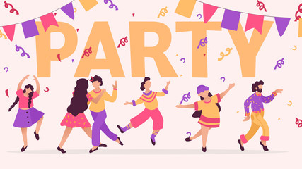 Group of happy dancing people at club. Design template of party banner. Male and female characters. Funny friends dance and jump.