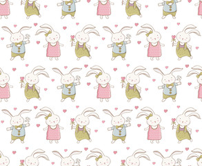 Seamless baby pattern with cute little rabbit in vector. artoon little happy bunny. Vintage hand drawn. Kawaii funny animal. Children s holiday background. Illustration in pastel delicate colors.