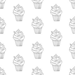 Seamless pattern of dessert in vector. Background of cake hand drawn. Illustration of sweet pastries for Valentine's day, birthday. Black line art on a white background. Sweet food.