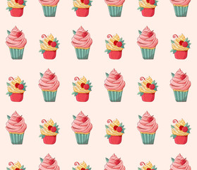 Seamless pattern cartoon cakes in vector. Hand drawn dessert in vintage style. Cap cake with cream and cherry. Sweet food isolated on white background. Color illustration. Design for the menu.