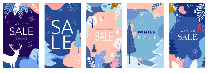 Collection of abstract background designs, winter sale, social media promotional content. Vector illustration
