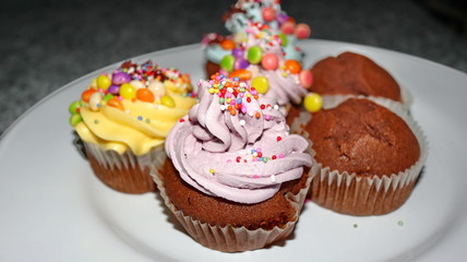 Close up view of various sweet cupcakes, selectively focused, against a bokeh background