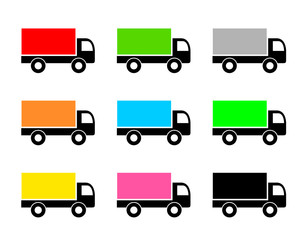 Delivery truck icon set. Shipping symbol. Diferent color cargo van collection. Vector illustration isolated on white.