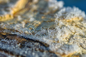 ice cristalls on a piece of wood
