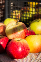 Natural apples are on the table by the crate with apples.