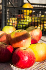 Natural apples lie on the background of a box with apples.
