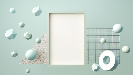 Blank template for flyer or advertisement. White space on abstract background. Geometric forms and primitive shapes on pastel colors background. 3D rendering
