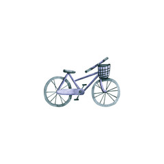 Fototapeta na wymiar Watercolor violet bicycle. Hand drawn illustration isolated on white. Icon of bike is perfect for healthy lifestyle banner, tourist design, vacation poster, travel blogger, social media background
