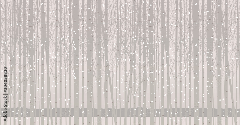 Poster vector seamless pattern with young trees. winter grove with birches, poplars or aspens in the snow. 