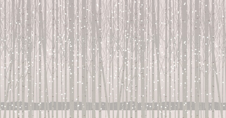 Vector seamless pattern with young trees. Winter grove with birches, poplars or aspens in the snow. Decorative abstract background with snow-covered slender trees. Twilight landscape