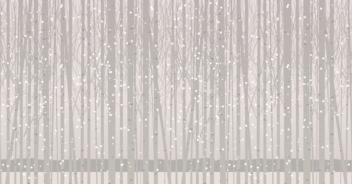 Vector seamless pattern with young trees. Winter grove with birches, poplars or aspens in the snow. Decorative abstract background with snow-covered slender trees. Twilight landscape