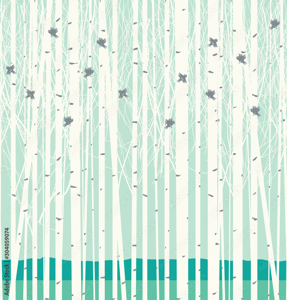 Poster vector seamless pattern with a picture of the birch forest with birds. winter birch grove texture in