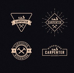 Color illustration set of carpenter logos on a background with texture. Vector illustration of a planer, crossed hammers, banner with text and rays. Professional carpenter services - obrazy, fototapety, plakaty