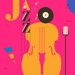  Jazz music festival poster with violoncello and microphone flat vector illustration design. Colorful music background, music show, live concert events, party flyer, jazz music poster