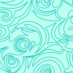 Fototapeta na wymiar Seamless turquoise texture of spirals and curls in a linear style. Marine pattern in pastel colors. Spiral curls and whirlwind.