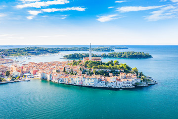Croatia, panoramic view of beautiful blue Adriatic coast in Istria, aerial of old town of Rovinj