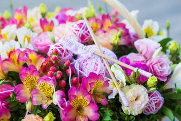 Bouquet of Alstroemeria and knitting needles, thread. pink and purple flowers close up.