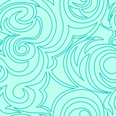 Fototapeta premium Seamless turquoise texture of spirals and curls in a linear style. Marine pattern in pastel colors. Spiral curls and whirlwind.