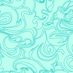 Seamless turquoise texture of spirals and curls in a linear style. Marine pattern in pastel colors. Spiral curls and whirlwind.